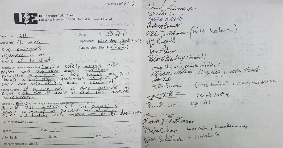 Photo of a grievance sheet which was signed by almost every union member in the shop.