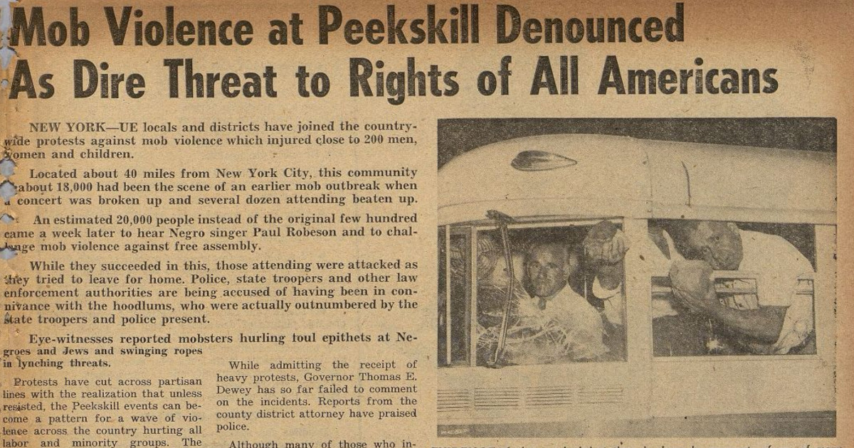 UE NEWS article with heading reading Mob Violence at Peekskill Denounced As Dire Threat to Rights of All Americans