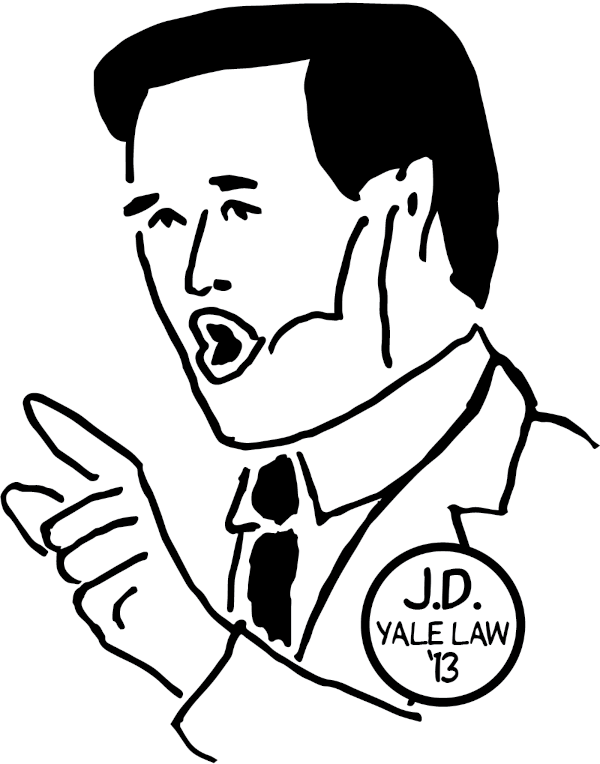 Cartoon drawing of J.D. Vance wearing a button reading J.D. Yale Law '13