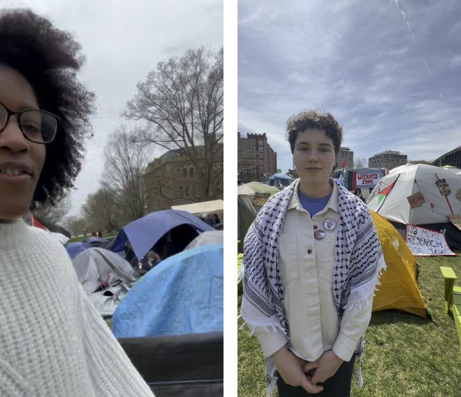 Two video stills of UE grad worker members at Gaza encampments