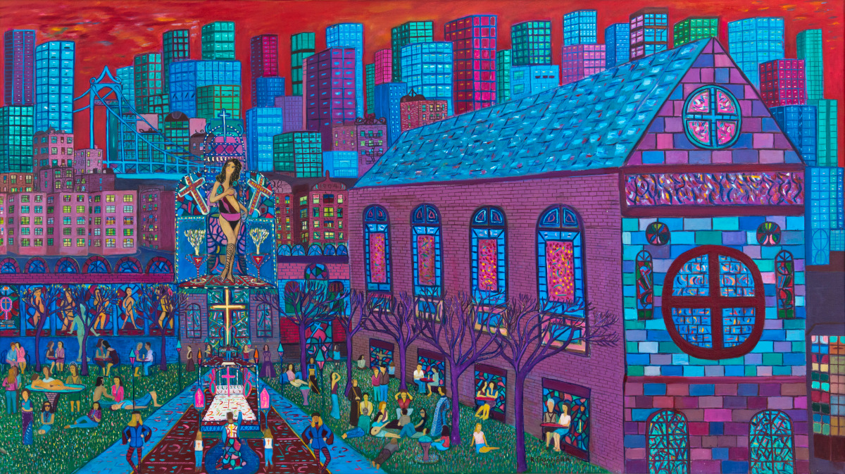 Painting of an outdoor altar with a woman and two crosses, with people sitting on the lawn around it, a church to the right, and city buildings behind it.