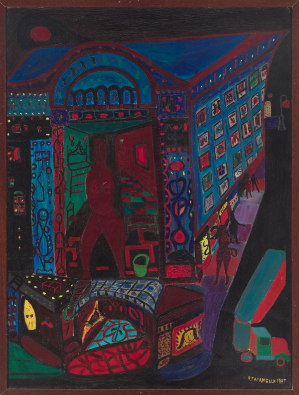 Painting in dark hues of a city scene