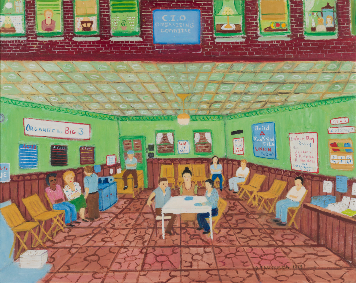 Painting of a meeting in a union hall, with signs reading Vote UE-CIO and Build A Rank-and-File Union Now.