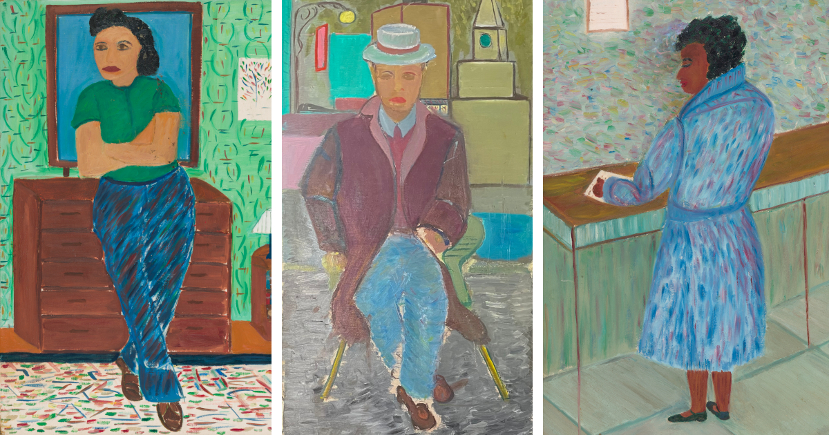 Three painted portraits, of a woman in a green sweater leaning against a dresser in a home, a man in a maroon coat sitting on a chair in front of a city scene, and a woman in a blue coat filling out a form in an office.