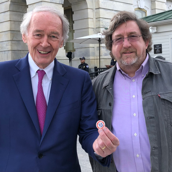 U.S. Senator Ed Markey and retired UE Political Action Director Chris Townsend. Markey is holding a UE button.